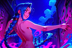 (titancore) adult ai_generated alleyway arcane arcane_jinx blue_hair breasts crazy dancing female girl graffiti jinx_(league_of_legends) league_of_legends long_hair naked night party purple_eyes small_breasts tattoo tattoos twintails video_game_character