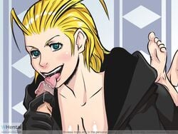 black_coat blonde_hair blue_eyes clothed coat disney feet_up handjob handwear human kingdom_hearts larxene linnetta outerwear penis penis_lick square_enix