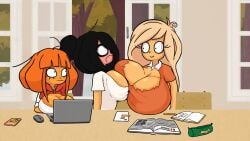 3girls anonymous_artist big_breasts black_hair blonde_hair breast_press breast_squish breasts clothed clothing coco_schoppenboer edit edited edited_official_artwork female maya_schoppenboer mymy_schoppenboer ongezellig orange_hair ripped_clothing screenshot_edit third-party_edit