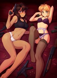 2girls blonde_hair blush bra breasts brown_hair bullets clothing dark-skinned_female dark_skin duo female female_only firearm garter_belt green_eyes grenade gun guns gunsmith_cats handgun human ittla large_breasts laying_back laying_down laying_on_bed light-skinned_female light_skin lingerie looking_at_viewer minnie_may_hopkins nylons panties purple_eyes rally_vincent revolver short_hair shotgun smile stockings submachine_gun tagme weapon wide_hips