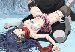 1boy bare_shoulders blue_eyes blue_hair blush bow bow_bra bra breasts bruise censored crying crying_with_eyes_open cum cum_in_mouth cum_in_pussy cum_on_body cum_on_clothes cum_on_stomach dawn_(pokemon) defeat empty_eyes facial female hair_ornament hairclip injury long_hair lying male medium_breasts mosaic_censoring navel nipples on_back one_breast_out open_mouth panties panties_around_one_leg pink_skirt pokemon pokemon_dppt pussy rape red_scarf scared scarf sex skirt solo_focus spread_legs straight tears thighhighs torn_clothes torn_skirt torn_thighhighs tsukishiro_saika underwear vaginal_penetration white_bra white_panties wide-eyed