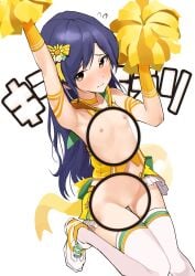 absurdres armband armpits arms_up bad_link blue_hair brown_eyes ch2haya_p cheerleader choker closed_mouth female flat_chest flower frown gloves hair_flower hair_ornament hair_ribbon highres idolmaster idolmaster_(classic) idolmaster_million_live! idolmaster_million_live!_theater_days kisaragi_chihaya leg_up light_blush long_hair midriff navel nipples pom_pom_(cheerleading) pussy revealing_layer ribbon shoes simple_background skirt sleeveless sneakers solo thighhighs white_background white_flower white_shoes white_thighhighs yellow_armband yellow_choker yellow_flower yellow_gloves yellow_ribbon yellow_skirt