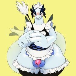 absurd_res anthro ass big_butt blush bodily_fluids chastity_cage chastity_device clothing femboy generation_2_pokemon hi_res legendary_pokemon legwear long_tail lugia maid_apron maid_hat maid_uniform male nervous nintendo pokemon pokemon_(species) simple_background solo splashyu sweat tail thick_tail thigh_highs uniform wide_hips yellow_background