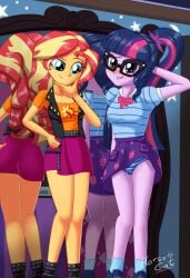 2020s 2022 2girls arm_behind_head artist_name ass bare_legs biting_own_lip blue_hair blush boots breasts casual collarbone colored_skin commission embarrassed equestria_girls eyelashes feet_out_of_frame female friendship_is_magic glasses green_eyes hair_ornament hand_on_own_hip hasbro hi_res horsecat indoors jacket large_breasts long_hair looking_at_another medium_breasts miniskirt mirror multicolored_hair multiple_girls my_little_pony nervous_smile nose_blush orange_skin panties pantyshot ponytail purple_eyes purple_skin red_hair reflection sci-twi shirt shoes skirt smile spikes standing striped_clothes striped_panties sunset_shimmer teenage_ass teenage_girl teenage_girls teenage_tits teenager teenagers teeth twilight_sparkle_(mlp) two-tone_hair underwear upskirt variant_set very_long_hair young young_female