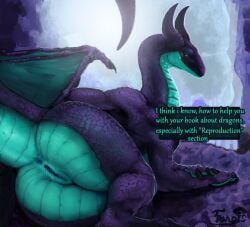 anus ass bedroom_eyes big_butt blue_anus blue_body blue_eyes blue_scales blue_vulva blue_wings bodily_fluids butt_focus claws dialogue dragon female feral fungis genital_fluids genitals hi_res horn inviting_to_sex lying mythological_creature mythological_scalie mythology narrowed_eyes purple_body purple_scales pussy raised_tail scales scalie seductive smile solo tail text vaginal_fluids vulva wings
