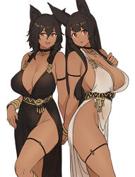 2girls animal_ears anubis_(houtengeki) bastet_(houtengeki) breasts cleavage dark-skinned_female egyptian holding_hands houtengeki huge_breasts large_breasts long_hair looking_at_viewer no_panties red_eyes siblings slit_dress standing thick_thighs thigh_strap white_background