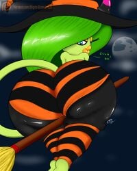 blue_eyes broom broom_riding clouds colored full_color green_body green_hair halloween horn huge_butt lips lipstick moon night patreon patreon_logo patreon_username sega sonic_(series) sonic_the_hedgehog_(archie) sonic_the_hedgehog_(idw) sonic_the_hedgehog_(series) tail text witch_hat yellow_eyeshadow yellow_lipstick zeena zeti zeti_(species)
