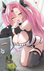 1girls big_breasts black_shorts black_thighhighs blush booty_shorts breasts cleavage ear_piercing earrings female female_only green_eyes hair hair_ornament hair_ribbon hairclip hanging_breasts heart heart heart_earrings holding_object huge_breasts legwear lollipop long_hair mole mole_on_breast mole_on_thigh mole_under_eye multicolored_nail_polish multicolored_nails nail_polish nails nicole_demara night_known on_knees pink_hair plushie short_shorts shorts smile solo solo_female suitcase thick_thighs thigh_strap thighhighs thighs tubetop twintails zenless_zone_zero