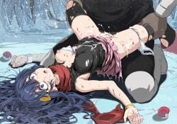 1boy bare_shoulders black_shirt blue_eyes blue_hair blush boots bow bow_bra bra bracelet breasts bruise censored crying crying_with_eyes_open cum cum_in_mouth cum_in_pussy cum_on_body cum_on_clothes cum_on_stomach dawn_(pokemon) defeat empty_eyes facial female hair_ornament hairclip injury jewelry long_hair lying male medium_breasts mosaic_censoring nipples on_back one_breast_out open_mouth panties panties_around_one_leg pink_boots pink_skirt poke_ball pokemon pokemon_dppt pussy rape red_scarf scared scarf sex shirt skirt sleeveless solo_focus spread_legs straight tears thighhighs torn_clothes torn_shirt torn_skirt torn_thighhighs tsukishiro_saika underwear vaginal_penetration white_bra white_panties wide-eyed wristband