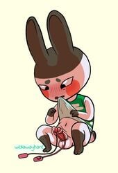 animal_crossing animal_genitalia animal_penis anthro belly clothed clothing clothing_lift egg_vibrator genitals genji_(animal_crossing) lagomorph leporid male male_only mammal nintendo penile penis rabbit sex_toy shirt shirt_lift shortstack small_penis solo topwear vibrator vibrator_on_penis video_games wellawayhare