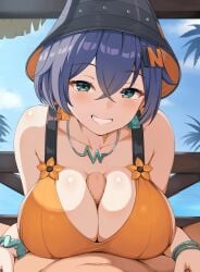 1boy 1girls animated bare_shoulders belle_(summer_skies)_(zenless_zone_zero) belle_(zenless_zone_zero) bikini black_hat blue_hair blue_sky blush bracelet breasts bucket_hat censored collarbone commentary_request day earrings female green_eyes grin hair_between_eyes hair_ornament hat highres jewelry large_breasts letter_hair_ornament looking_at_viewer male mosaic_censoring necklace official_alternate_costume orange_bikini outdoors paid_reward_available paizuri penis pov pov_crotch renetan short_hair sky smile straight swimsuit tagme ugoira video zenless_zone_zero