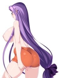 846-gou ass bare_shoulders blush breasts employee_uniform fate/grand_order fate/stay_night fate_(series) female female_only female_solo hair_ornament high_resolution hooters large_breasts long_hair looking_at_viewer looking_back medusa_(fate) megane nipples orange_shorts purple_eyes purple_hair short_shorts shorts side_view simple_background sleeveless solo third-party_edit tied_hair topless transparent_background uniform very_high_resolution very_long_hair