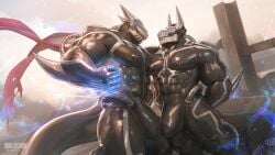 16:9 2025 2_horns abs arm_spikes aura bara biceps black_bodysuit black_clothing black_skinsuit blue_aura bodysuit bovid bovine bulge cattle clothing debris deltoids destroyed_building destruction detailed_bulge duo elbow_spikes fist girder hands_behind_back hi_res holding_another's_head horn male male/male mammal mask morton_(takahirosi) muscles muscular muscular_anthro muscular_male navel nipple_outline obliques open_mouth pecs red_scarf scarf serratus silver_mask skinsuit smoke spikes spikes_(anatomy) tail takahirosi tight_clothing vein veiny_muscles widescreen yaoi