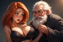 age_difference age_gap ai_generated big_breasts black_bra blush breasts female ginger ginger_female ginger_hair glasses grandpa green_eyes horny_grandpa horny_male kim_possible kimberly_ann_possible male old_male older older_male older_male_and_younger_female open_mouth orange_hair refusing refusing_sex seniorolder_male shocked shocked_expression shocked_face shocked_female shocked_look unwilling unwilling_expansion unwilling_female wanting_sex