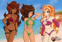 3girls abs april_cloverleigh_(muffin_knight) auburn_hair beach belly_chain bikini black_bikini black_lipstick blonde_hair breasts brown dark_skinned_female detached_sleeves female freckles freckles_all_over freckles_on_ass freckles_on_breasts freckles_on_face freckles_on_shoulders freckles_on_thighs ginger_hair green_bikini green_eyes hair hoop_earrings jewelry large_ass large_breasts lip_piercing lipstick looking_at_viewer mole mole_on_breast mole_on_stomach mole_on_thigh mole_under_eye muffin_knight muffin_knight_(artist) navel_piercing pink_bikini ponytail posing purple_eyes red_bikini roxanne_rook_(muffin_knight) side_tie_bikini_bottom side_tie_panties sky smiling spaghetti_strap strawberry_blonde_hair streaked_hair sunny swimwear tan_skin tattoo tattoo_on_cheek thick_thighs thigh_strap thin thin_female thin_waist wink winking yellow_eyes