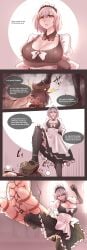 ballbusting bernin big_breasts bondage cbt cfnm cleavage comic comic_panel degradation dog_food femdom hanged hanging_balls hanging_from_ceiling humiliation intimidation kneeling maid maid_outfit maid_uniform petplay spit stepped_on stepping_on_head threatening tied_up
