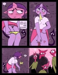 ambiguous_gender blush bodily_fluids bottomwear breasts clothed clothing clothing_lift cyclops d-monomicon demon dialogue female genitals group hair hi_res horn humanoid living_tail margot_and_tail_(d-monomicon) masturbation not_furry panties panties_down partially_clothed pubes public_masturbation purple_body purple_hair pussy red_body shirt skirt skirt_lift spade_tail speech_bubble sweat tail topwear underwear underwear_down unusual_anatomy unusual_tail vulva