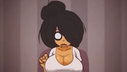 1girls anonymous_artist big_breasts black_hair breasts clothed clothing edit edited edited_official_artwork female maya_schoppenboer ongezellig screencap screenshot_edit solo solo_female