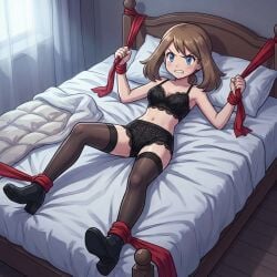 1girls 2d ai_generated angry ankles_tied bed bedroom blue_eyes bondage brown_hair brunette_hair female female_focus female_only light_skin lingerie may_(pokemon) on_bed pokemon stockings tied_to_bed tied_up upset wrists_tied