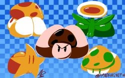 1up ass ass_bigger_than_head ass_focus female fire_flower hi_res huge_ass mario_(series) mushroom nintendo padhasnx poison_mushroom pussy simple_background super_mario_bros. super_mushroom super_star_(mario) tagme thick_ass twitter_link unrealistic_proportions what