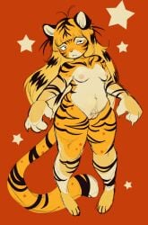 2025 :< absurd_res anthro areola breasts chewtoyys claws countershading felid female fur genitals hi_res looking_at_viewer mammal navel nipples nude nude_anthro nude_female pantherine plump_labia pubes pussy red_background simple_background slightly_chubby slightly_chubby_anthro slightly_chubby_female solo star striped_body striped_fur stripes tail tiger tiggy_(chewtoyys) vulva