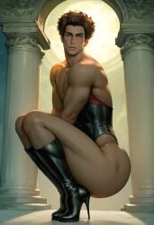 ai_generated arch ass ass big_ass big_butt black_footwear boots boy brown_hair bubble_ass bubble_butt corset full_body hazel_eyes heels high_heel_boots high_heels highleg knee_boots leotard looking_at_viewer male pillar plump_ass round_ass round_butt side_view solo squatting tallcallipygian tcallipygian thick_thighs thighs