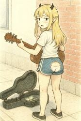 ai_art ai_generated blonde_hair blue_pants blue_shorts blush blushing demon_girl demon_horns embarrassed embarrassed_exposed_female embarrassed_female exposed exposed_ass female guitar nervous_sweat original_character performance public_exposure public_humiliation public_indecency ripped_pants small_panties split_pants spongebob_reference tight_underwear tiny_panties visible_underwear wardrobe_malfunction white_panties white_shirt white_underwear