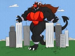 abs biceps breasts brown_hair cooner female hair horns houndoom long_hair muscles muscular muscular_arms muscular_female muscular_legs muscular_thighs pecs pokemon