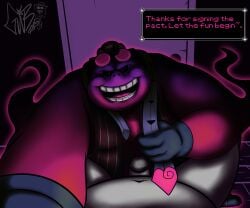 2025 absurd_res anthro belly bowler_hat clothing clothing_pull dialogue digital_drawing_(artwork) digital_media_(artwork) duo english_text eyewear first_person_view generation_1_pokemon gengar genitals glasses gloves gorochuinboxers handwear hat headgear headwear hi_res humanoid_genitalia humanoid_penis looking_at_viewer male male/male navel necktie nintendo nude_male open_mouth open_smile overweight overweight_anthro overweight_male penis pokemon pokemon_(species) reaching_towards_viewer smile smokey_(gorochuinboxers) talking_to_viewer teeth text text_box topwear vest