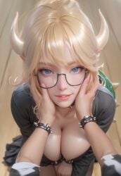 1girls affectionate ai_generated bangs big_breasts black_clothing blonde_hair blue_eyes bowsette breasts caressing caressing_face cleavage clothed clothed_female clothes clothing collarbone cute deep_cleavage female female_focus glasses hand_on_face hands_on_face horns indoors kneeling kneeling_on_floor large_breasts lipstick long_hair looking_at_viewer mario_(series) megane nai_diffusion nail_polish novelai painted_nails pale-skinned_female pale_skin parted_lips patreon_username pink_lipstick pink_nails pointy_ears pov pov_eye_contact pujopg revealing_clothes sidelocks spiked_bracelet spiked_collar white-skinned_female white_body white_skin