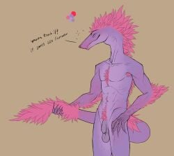 anthro arm_tuft armpit_hair body_hair bullchicken casual_nudity chest_hair claws dialogue finger_claws flaccid foreskin freckles fur furred_scalie genitals happy holding_tail male nude penis pink_body pink_fur presenting_tail pubes scalie smile solo tail tuft uncircumcised