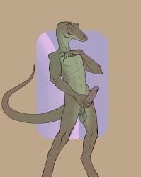 anthro balls bedroom_eyes bullchicken digitigrade erection genitals glans hi_res holding_penis humanoid_genitalia lizard looking_at_viewer male narrowed_eyes nude penis presenting presenting_penis reptile saggy_balls scalie seductive solo