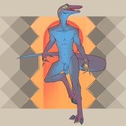 abstract_background absurd_res anthro balls blue_body blue_countershading bullchicken claws countershade_hands countershading digitigrade finger_claws flaccid foreskin genitals green_eyes happy hi_res lizard male nude penis reptile saggy_balls scalie solo uncircumcised