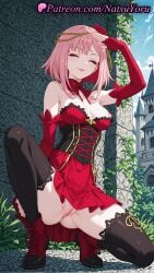 1girls 2025 ai_generated bare_shoulders black_thighhighs breasts closed_eyes corset destiny detached_sleeves dress elbow_gloves eyeshadow fingerless_gloves flower gloves hair_flower hair_ornament hi_res highres makeup medium_breasts natsuyoru nipples no_panties on_one_knee one_breast_out outdoors patreon pink_hair pussy red_dress red_footwear rose solo squatting strapless takt_op.destiny thighhighs tongue tongue_out uncensored vagina voluptuous voluptuous_female