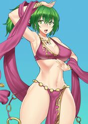 1girls breasts cleavage clothing female fire_emblem fire_emblem:_genealogy_of_the_holy_war green_eyes green_hair highres large_breasts lene_(fire_emblem) loincloth madkaiser nintendo no_bra no_panties no_underwear solo standing