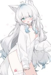 1227ree absurdres ahoge animal_ear_fluff animal_ears bandaged_leg bandaged_neck bandages bandaid blue_eyes blue_hair blush breasts censored choker collared_shirt female hair_intakes heart heart_ahoge heart_censor highres long_hair long_sleeves looking_at_viewer multicolored_hair naked_shirt off_shoulder open_mouth original remote_control_vibrator sex_toy shirt simple_background sleeves_past_fingers sleeves_past_wrists small_breasts solo tail thighhighs vibrator vibrator_cord vibrator_in_thighhighs vibrator_under_clothes white_background white_choker white_hair white_shirt
