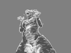 2021 anthro breasts female fur grey_background greyscale jeri_kleinlowe low-angle_view mammal monochrome navel nude nude_anthro nude_female open_mouth simple_background solo species_request standing teeth
