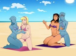 4girls alien_girl anoneysnufftan applying_sunscreen arm_grab asari beach beach_towel bikini black_hair blackfire blonde_hair blue_eyes blue_skin dc_comics embarrassed female female_only headband humiliation imminent_death killer_lotion kitten_(teen_titans) kneeling liara_t'soni long_hair mass_effect massage murder ocean on_knees peril punishment rubbing samara sand sitting sky snuff summer sunbathing swimsuit tamaranean teen_titans towel