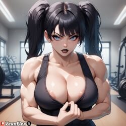 ai_generated areola_slip bangs bare_shoulders biceps black_hair black_tank_top blue_eyes breasts cleavage clothes_pull collarbone dress dumbbell exercise female gym hi_res indoors large_breasts long_hair looking_at_viewer makeup muscular muscular_female open_mouth parted_lips patreon patreon_logo patreon_username pulled_by_self red_lips sleeveless solo tank_top twintails upper_body v-shaped_eyebrows veins veiny_arms veiny_breasts vexnflex violet_(vexnflex) window