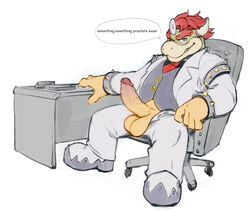 2019 anthro balls bara bottomwear bowser bracelet chair clothed clothing coat compression_artifacts desk dialogue doctor dr._bowser dr._mario_(series) english_text erection eyebrows footwear fully_clothed furniture genitals glans greyscale grin hair headgear headwear horn humanoid_genitalia humanoid_penis jewelry koopa looking_at_viewer male male_only mario_(series) monochrome necktie nintendo open_pants pants penis reptile scalie shirt simple_background sitting smile solo speech_bubble spiked_bracelet spikes teeth text topwear tzarvolver unprofessional_behavior vein vest video_games white_background