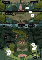 ambiguous_gender anthro armor barefoot blue_eyes bodily_fluids breasts camo comic crocodile crocodilian dominant dominant_anthro dominant_female duo eyewear feet female female_rape female_raping_male forced foreskin forest genital_fluids genitals goggles group gun guy_randoms hair headgear heart_symbol helmet hi_res human humanoid_genitalia male mammal military penis plant pubes ranged_weapon rape reptile scalie sex sgt._bertha_gator smolevn tail tree uncircumcised weapon