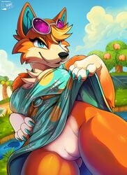 1girls alternate_body_type alternate_breast_size animal_crossing anthro audie_(animal_crossing) blonde_hair blue_eyes canid canine canis cleavage clothing dress dress_lift female fur furry furry_only hi_res kabier nintendo partially_clothed pussy solo sundress sunglasses sunglasses_on_head topwear video_games wolf