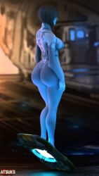 1girls 3d 3d_(artwork) absurd_res artificial_intelligence atsuko_(artist) back big_ass blue_hair blue_skin breasts casual completely_nude cortana dat_ass electronics featureless_breasts featureless_crotch female female_only halo_(series) highres hologram huge_ass legs nude sfm short_hair sideboob solo