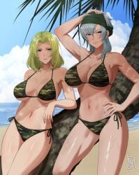 2girls alternate_costume beach bikini blonde_hair blue_eyes breasts camouflage camouflage_bikini cleavage cloud cloudy_sky commission echidna_(fire_emblem) female fire_emblem fire_emblem:_the_binding_blade fire_emblem:_the_sacred_stones hand_on_own_head hand_on_own_hip large_breasts looking_to_the_side multiple_girls navel outdoors oyatsu_0 selena_(fire_emblem:_the_sacred_stones) sideboob skeb_commission sky smile swimsuit thighs underboob