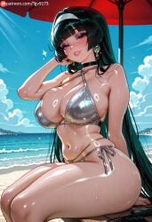 ai_generated astra_yao bangs bare_shoulders beach beach_umbrella bikini bird black_choker black_hair blue_sky blunt_bangs blush breasts choker cleavage cloud day earrings female glint green_hair hairband halterneck jewelry large_breasts lips long_hair looking_at_viewer makeup mole mole_on_breast navel ocean outdoors parted_lips patreon_username red_eyes shiny shiny_skin side-tie_bikini_bottom sitting skindentation sky smile solo sparkle stomach string_bikini sweat swimsuit tgv9173 thick_thighs thighs umbrella very_long_hair water wet zenless_zone_zero