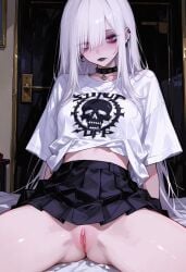 alt_girl black_lipstick emo long_hair midriff_peek purple_eyes pussy short_skirt showing_off_pussy spread_legs thighs white_hair