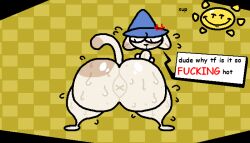 aliasing ambiguous_gender angry anthro anus ass big_butt blue_clothing blue_wizard_hat bodily_fluids bubble_butt cat_tail cleo_(nxyitn) clothing cross-popping_vein dialogue digital_media_(artwork) ear_markings ears_down felid feline fur glistening glistening_body glistening_butt glistening_fur hat hat_only headgear headgear_only headwear headwear_only huge_butt looking_at_self looking_back mammal markings mostly_nude multicolored_body multicolored_butt multicolored_fur multicolored_tail nxyitn pattern_background pivoted_ears raised_tail simple_background smile smiley_face solo speech_bubble spots spotted_markings star sun sweat sweatdrop sweating_profusely tail talking_to_another talking_to_self text thick_thighs wizard_hat x_anus yellow_background