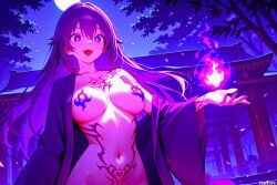 (titancore) ai_generated corruption demon demon_girl female flames japanese_temple long_hair magic magic_tattoos moon moonlight night open_robe purple_eyes purple_hair tattoos
