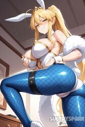 ahoge ai_generated animal_ears artoria_pendragon artoria_pendragon_(fate) artoria_pendragon_(swimsuit_ruler) ass bangs bare_shoulders blonde_hair blue_pantyhose blush braid breasts bunnysuit closed_mouth clothing_cutout detached_collar fate/grand_order fate_(series) female fishnet_pantyhose fishnets french_braid futarush green_eyes hair_between_eyes high_heels highleg highleg_leotard large_breasts leotard long_hair looking_at_viewer navel_cutout necktie pantyhose patreon patreon_username playboy_bunny ponytail rabbit_ears sidelocks smile solo sultryspark thigh_strap thighs tiara white_footwear white_leotard wrist_cuffs