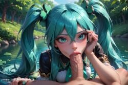 1boy 1boy1girl 1girls ai_generated aqua_eyes aqua_hair aqua_nails artist_name blowjob blush day erection fellatio green_nails hair_between_eyes hair_ornament hand_on_own_cheek hand_on_own_face hatsune_miku hi_res lily_pad long_hair looking_at_viewer male_pubic_hair mole nail_polish oral outdoors patreon_username penis pov progenarts short_sleeves solo_focus straight tree twintails uncensored veins veiny_penis vocaloid water watermark web_address
